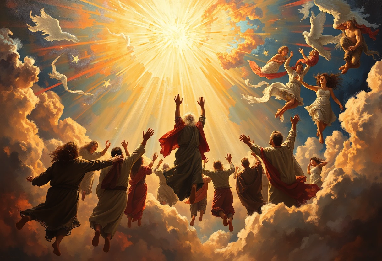 A dramatic depiction of the rapture with believers ascending to the heavens